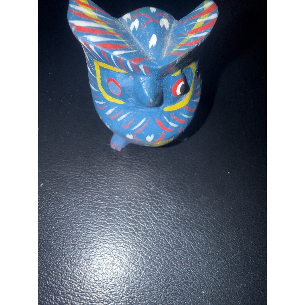 Vintage Mexican Folk Art Wood Carved Owl Alebrije Hand Painted Blue Figurine 2in